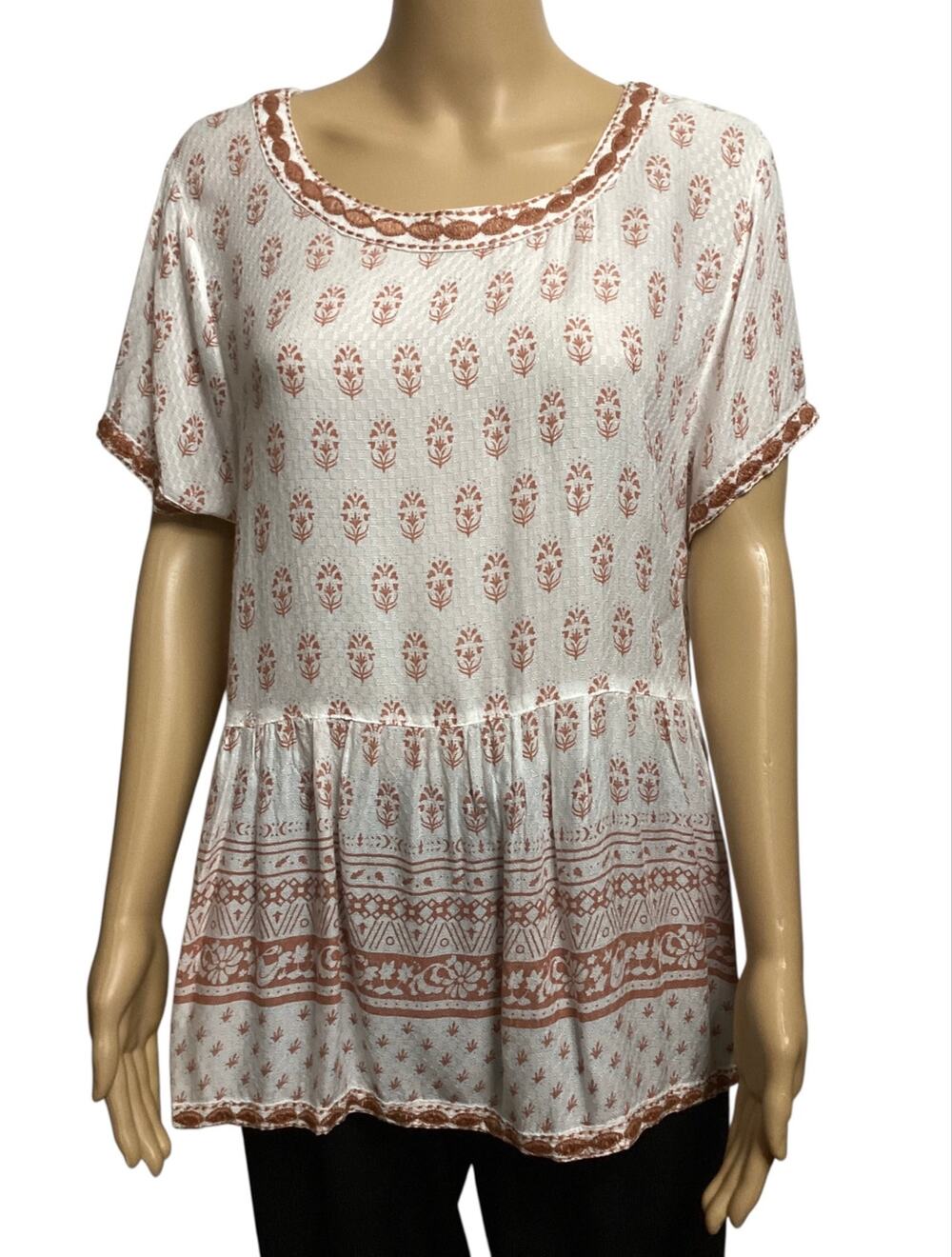 Sigrid Olsen Short-Sleeve Boho Peplum Tunic Top Embroidered Floral White Rust